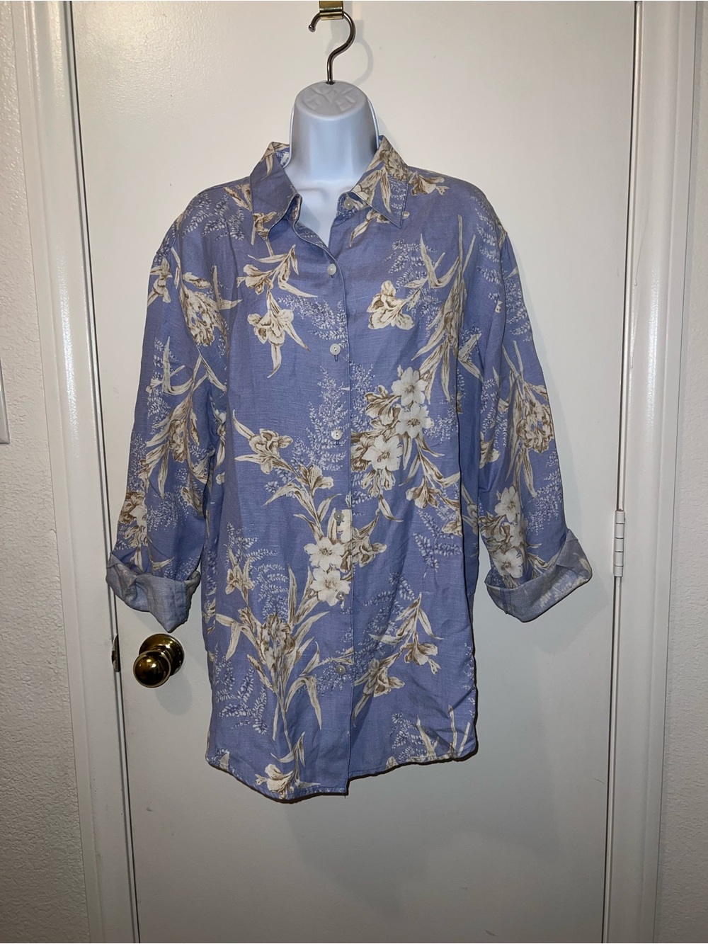 Linen Floral Button-Up Shirt - Blue